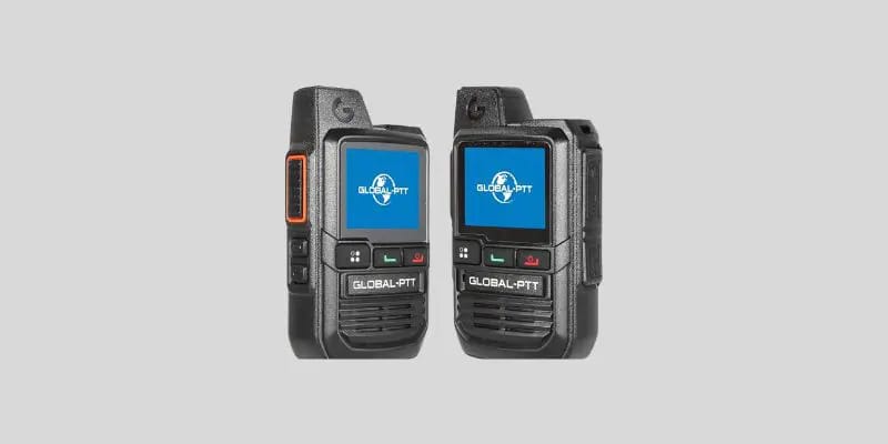 "2-Pack Global walkie talkies with SIM cards, featuring handheld PoC two-way radio technology and rechargeable push-to-talk (PTT) functionality."