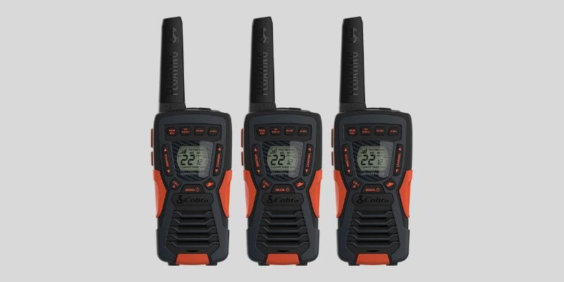 Cobra CXT10953PH-M emergency long range walkie talkies 1000 miles, waterproof with 22 channels and NOAA weather, rugged design for camping and outdoor use.