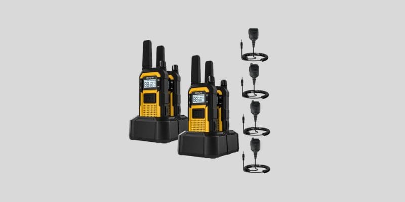 Retevis RB48 heavy duty long range walkie talkies 1000 miles with shoulder mics, IP67 waterproof, yellow, shown on charging docks for construction use.