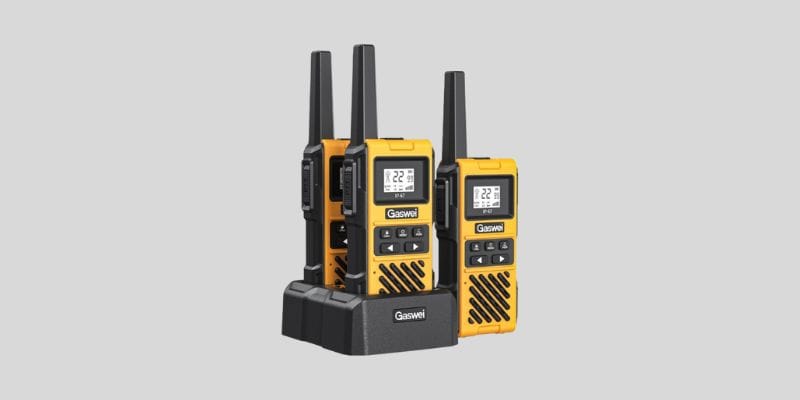 G1pro professional walkie talkie 3 pack featuring rechargeable, waterproof two-way radios with long range, designed for adults and emergencies, in black and yellow colors.
