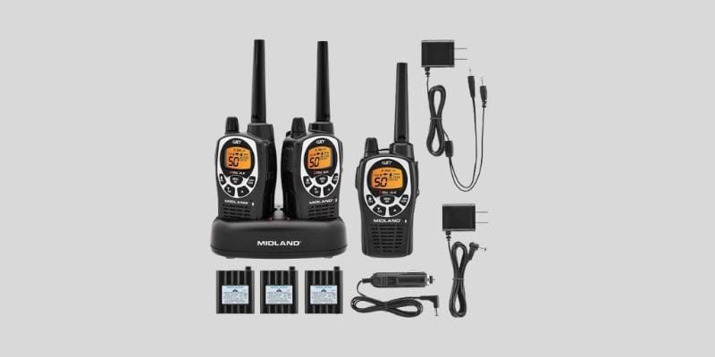 GXT1000X3VP4 Midland GMRS walkie talkie 3 pack featuring 50-channel long range two-way radios with 142 privacy codes, SOS, NOAA, and rechargeable nickel batteries in black and silver.