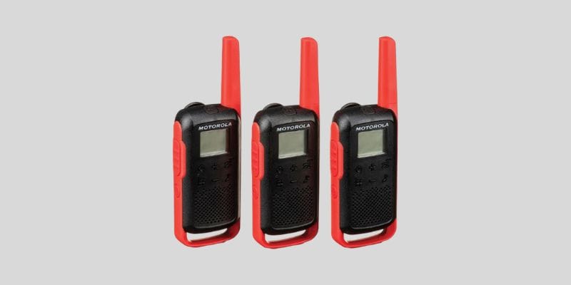 T210TP Motorola Talkabout walkie talkie 3 pack featuring rechargeable two-way radios with 22 channels and a 20-mile range, in black with red accents.