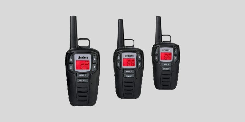 Uniden SX307-3C FRS 3-Pack walkie talkie 3 pack, featuring three black 2-way radios with a 30-mile range and 22 channels, displayed against a gray background with red digital displays.