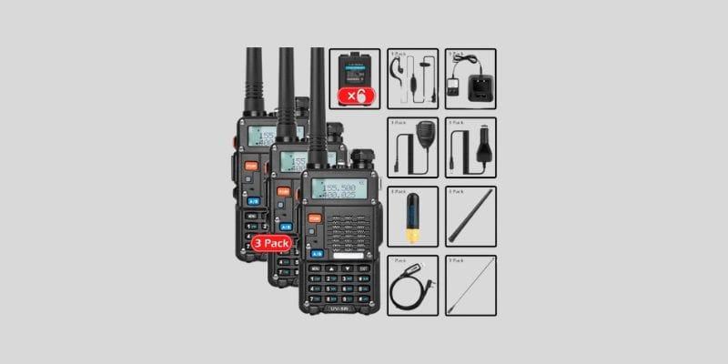 UV-5R ham radio handheld walkie talkie 3 pack featuring long range UHF VHF dual band 2-way radios with rechargeable Li-ion battery, complete set with earpiece and programming cable.