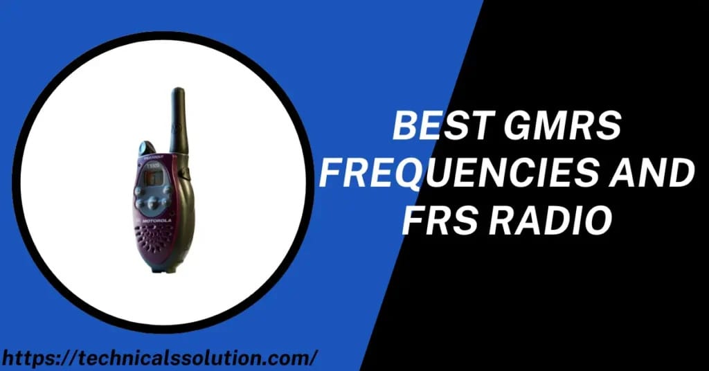 A Motorola two-way radio with a purple and gray design, placed against a circular white background, alongside text about GMRS and FRS radio frequencies.
