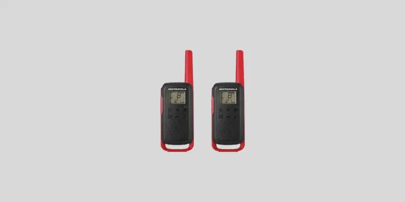 Two Motorola T210 Talkabout two-way radios in black with red accents, featuring a digital display and antenna, shown as a 2-pack - long range walkie talkies 100 miles.