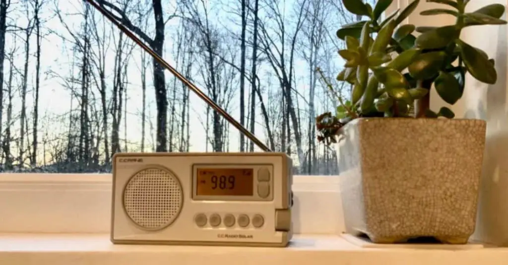 A C.Crane radio displaying 989 FM on its digital screen, placed on a windowsill next to a potted plant, with a view of bare trees outside.