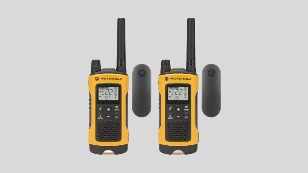 Two Motorola Talkabout T402 rechargeable two-way radios in yellow and black, displayed with belt clips, against a gray background.