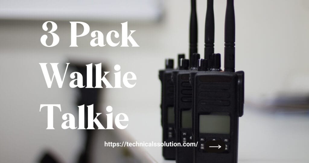 A set of three black walkie talkie 3 pack devices with antennas, arranged neatly, promoting a 3 pack deal.