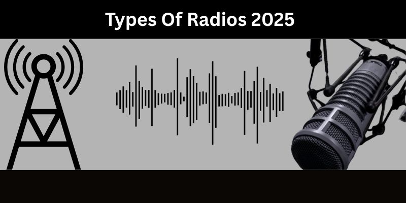 Depicts various types of radio in 2025, including a broadcast tower, sound waves, and a studio microphone setup.