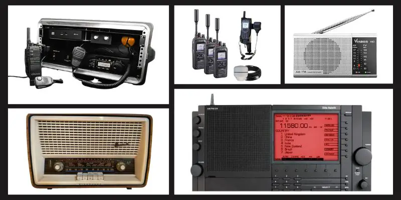 Different types of radio displayed side by side, including ham radios, handheld walkie-talkies, vintage AM/FM units, and digital shortwave receivers.