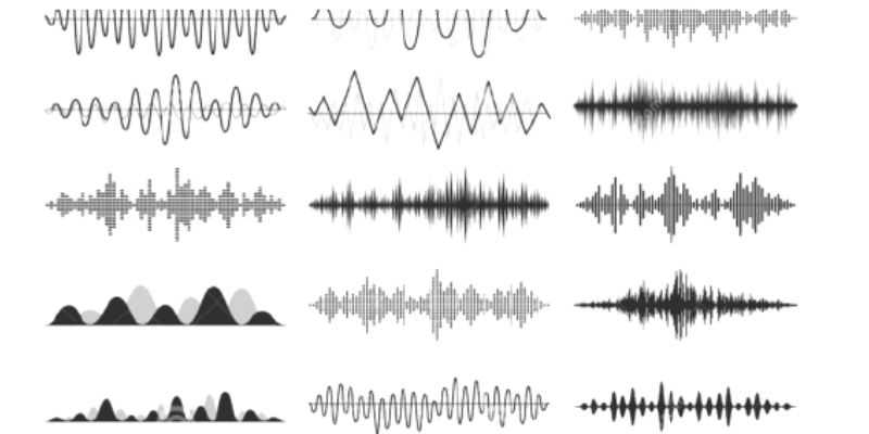 Collection of various waveform patterns, including sine waves, square waves, and audio signal visualizations, related to walkie talkie frequencies.