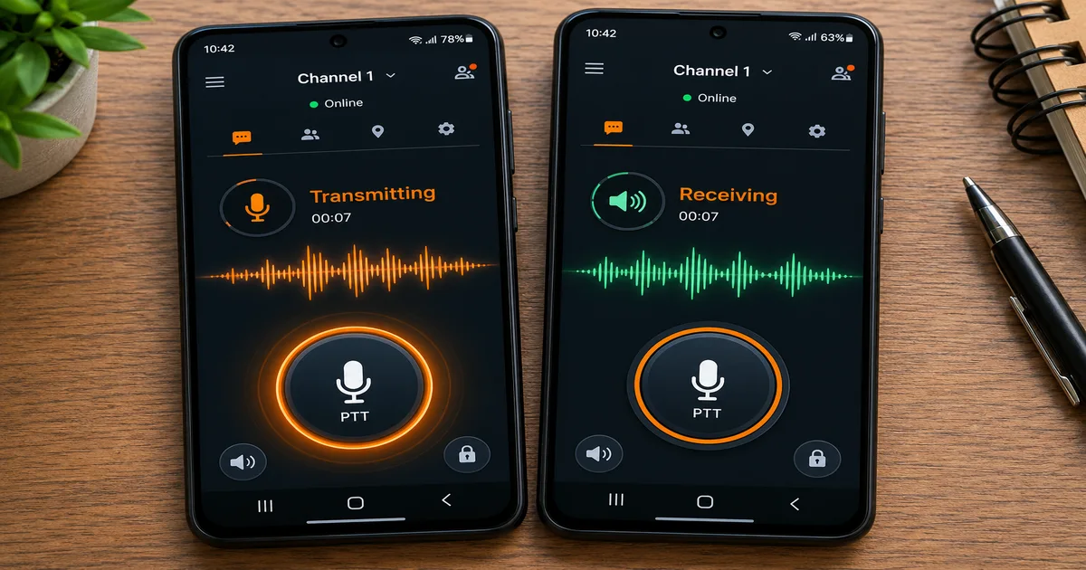 Two Android phones using walkie talkie app for Android with one transmitting and one receiving push-to-talk audio on Channel 1