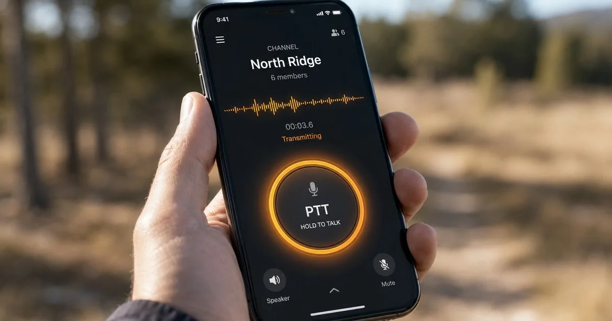 Smartphone showing best walkie talkie app with PTT push-to-talk button transmitting on North Ridge channel outdoors
