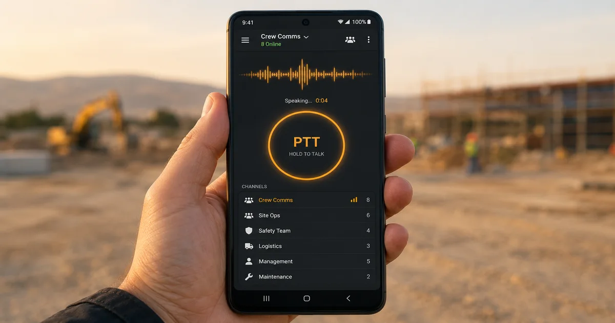 Android smartphone showing walkie talkie app for Android with PTT push-to-talk button and channel list at a construction site