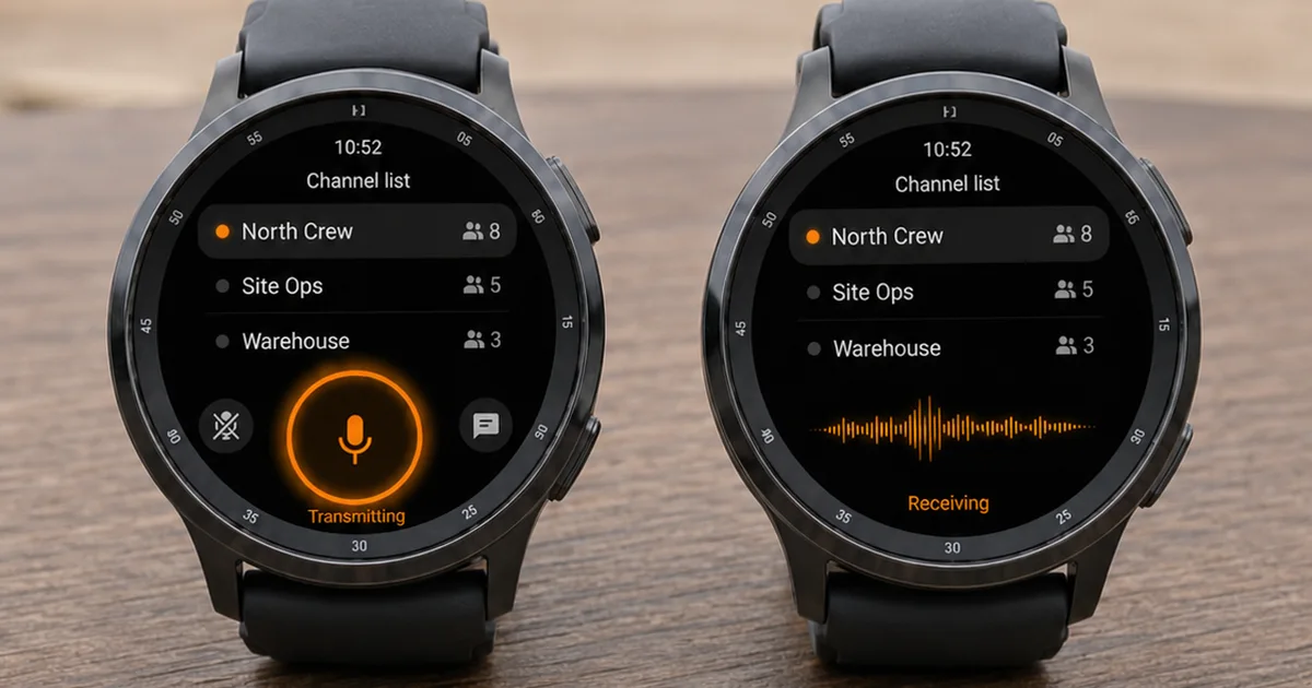 Two Samsung Galaxy Watch devices side by side showing samsung walkie talkie app with one transmitting and one receiving PTT audio at a construction site